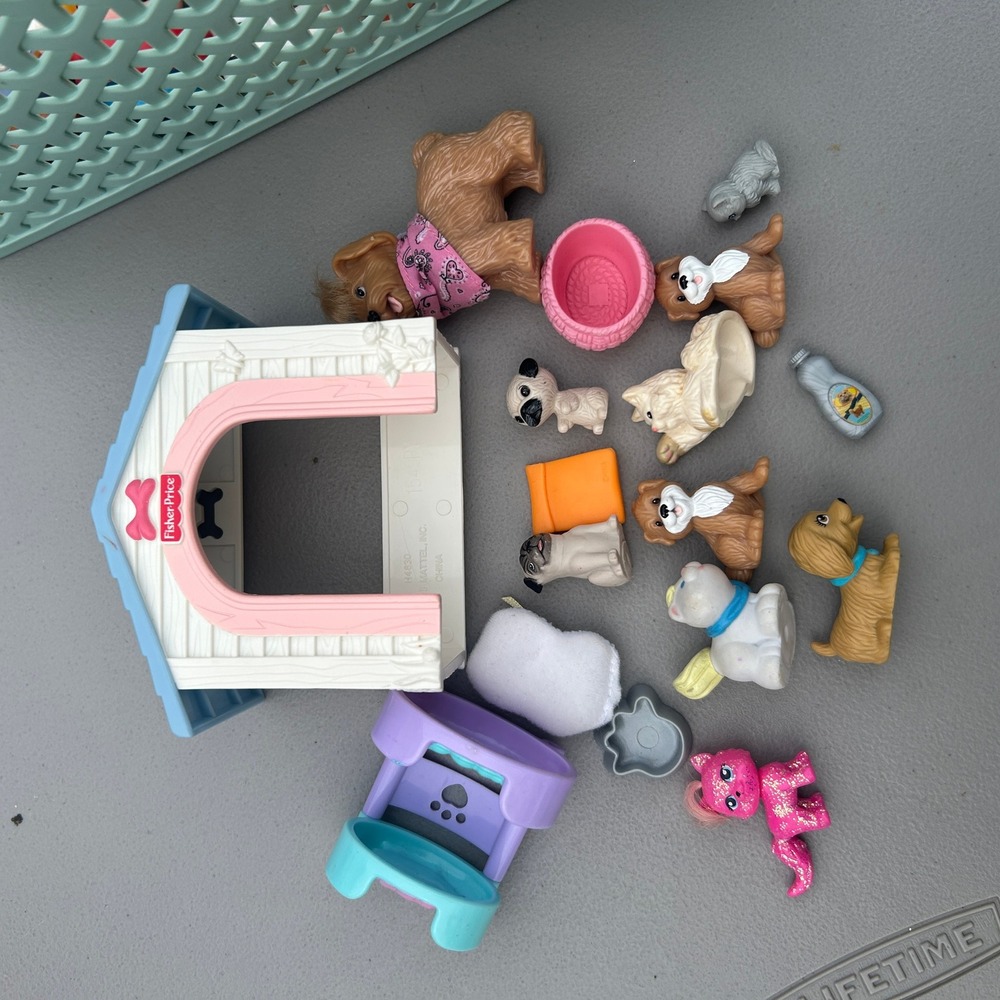 Fisher-Price Dog House and Mixed Pet Figure Lot Pugs Pink Cat Accessories